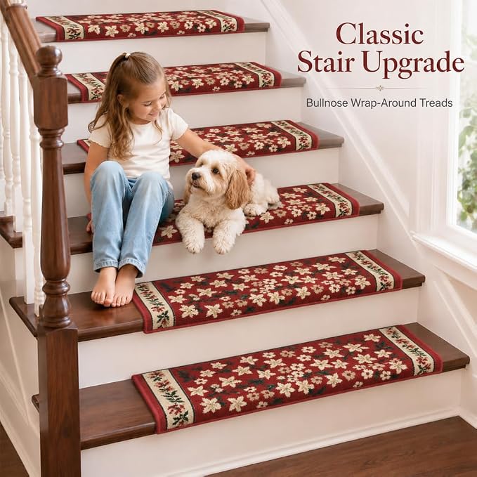 Rounded Bullnose Carpet Stair Treads for Wooden Steps Indoor, No Tape Non Slip Step Mats with TPU Backing & Steel Reinforced Edge for Dogs Elders,Red Floral,2