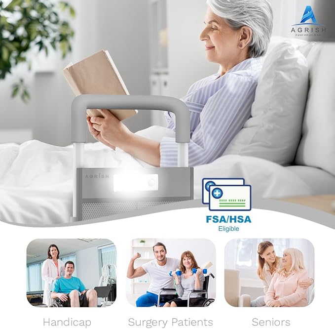 Agrish Bed Rails for Elderly Adults Safety, Adjustable Bed Rails for Seniors Supports 350LBS with Motion Lights & Storage Pocket, Stable Bed Cane with Non-Slip Grip, Tool-Free