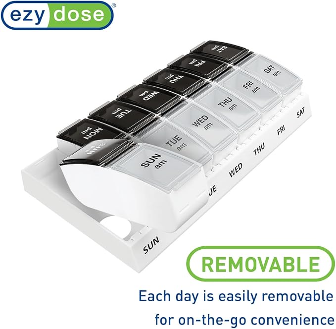 EZY DOSE Weekly (7-Day) AM/PM Pill Case, Medicine Planner, Vitamin Organizer, Small Pop-Out Compartments, 2 Times a Day, Black and Clear Lids (Pack of 2)