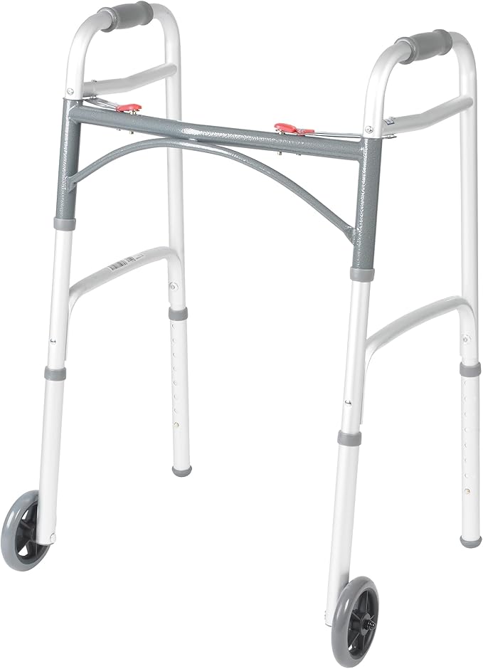 Drive Medical Two-Button Folding Walker with Wheels, Height Adjustable | Two-Button Rolling Walker Features Dual Push-Button Operation, Adjustable Height and Durable Aluminum Frame