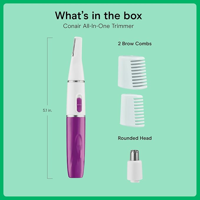 Conair Precision Eyebrow and Facial Trimmer for Women | Pain-free Precision Groomer with Attachments for Eyebrows, Face, Nose, and Ears, White/Purple, LLT2LLW