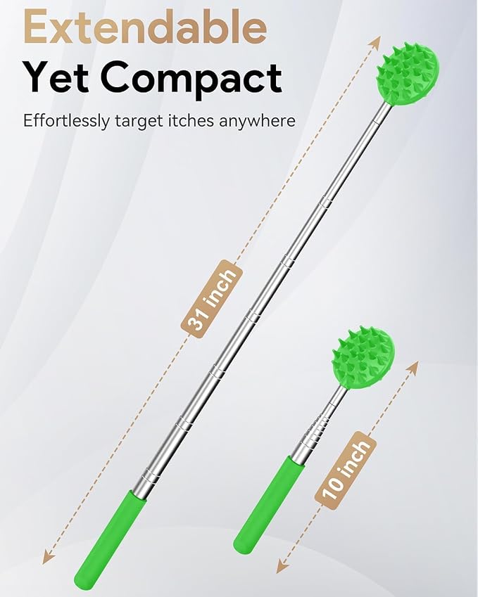 Telescoping Back Scratcher with 5 Detachable Heads, Gift for Men Green | 10-30" Reach, Stainless Steel Pole, Rubber Grip, Christmas Stocking Stuffers, White Elephant, Anniversary and Birthday Gift
