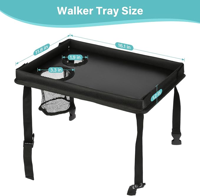 Walker Tray for Folding Walker, Trays for Walkers Detachable with Cup Holder,Walker Trays for Rolling Folding Walker,Walker Accessories for Elderly (Black Without Pockets with Baffles)