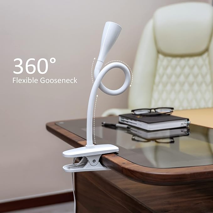 LED Reading Light, Eye-Caring Book Light for Reading in Bed, 360° Flexible Clip on headboard lamp, 5W 3000k Desk Lamp with Clamp for Bedroom, Office, Painting, Workbench and Sewing, White