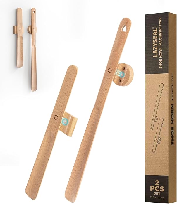 Magnetic Wooden Shoe Horn Set - 19.6" Long & 11.8" Short Handled Shoehorn for Seniors, Men and Women - Drill-Free Wall Mounted Premium Beech Wood Shoe Horns, Slip On Shoes Without Bending