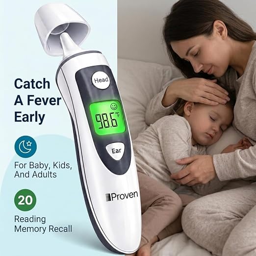 iProven Ear and Forehead Thermometer for Adults, Kids, and Baby | 2-in-1 Ear & Forehead, 1-Second Readings, Fever Alert Color Indicator, 20 Memory Recall, Family Thermometer For Home Use