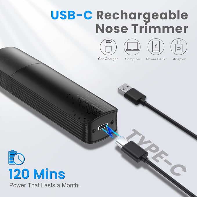 Phisco Nose Hair Trimmer for Men: 120 Mins Runtime USB-C Rechargeable | IPX7 Waterproof Nose Trimmer for Ear and Nose Easy Clean, Updated 360° Hollow Ring Painless Hair Removal, Quiet & Powerful