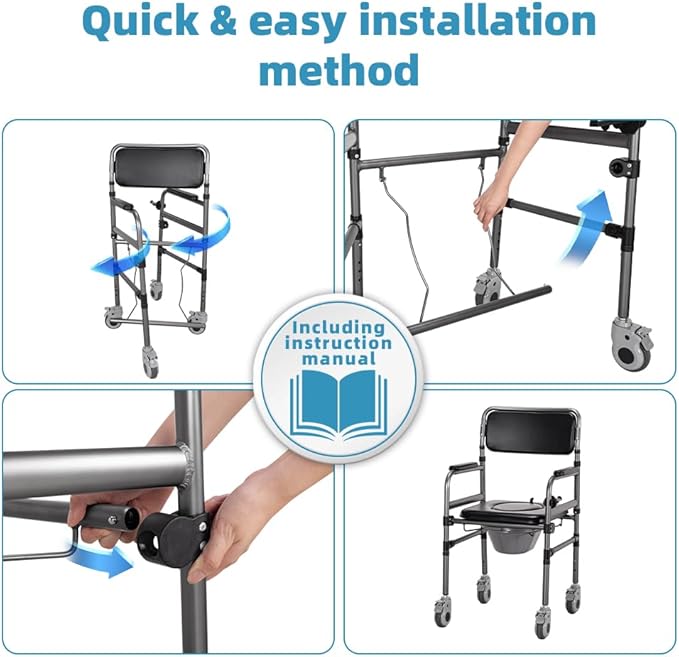 Bedside Commode Chair Foldable Height-Adjustable Toilet Chair with PU Seat 3" Locking Wheels,400lbs Capacity, 22.8-40.6" Adjustable Foldable Shower Chair (Toilet-Round)