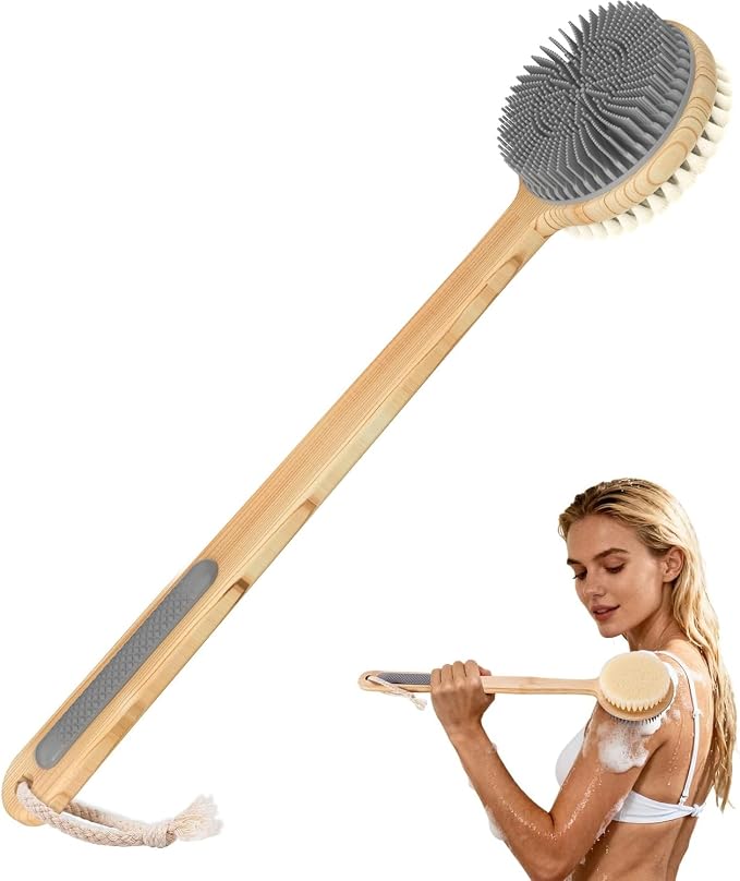 Back Scrubber for Shower - Double-Sided Silicone and Super-Dense Bristles for Deep Cleaning & Exfoliation, Bamboo Long Handle with Wider Anti-Slip Grip, Body Exfoliator for Wet or Dry Brushing