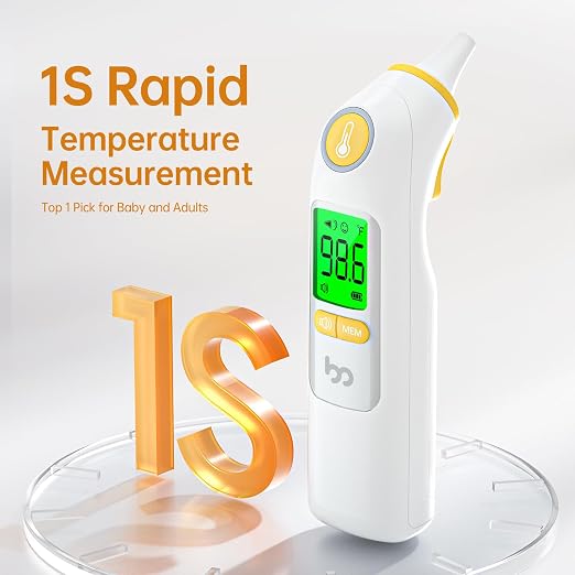 Femometer Family Ear Thermometer for Adults and Kids, Yellow | 1s Fast Accurate Reading, 30-Memory Recall, 3-Color Fever Alert, ℃/℉ Switchable, Silent Mode, with 24 Disposable Probe Covers