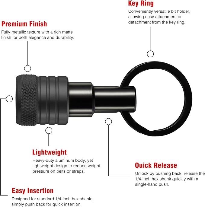 Katerk Bit Holder Keychain 12 Pcs, 1/4-Inch Hex Shank, Quick Release, Black | Aluminum Alloy, Impact Drivers, Drill Bits, Tool Belt Use, Carabiner Clip, One-Handed Operation, Ball Lock, Compact Organizer