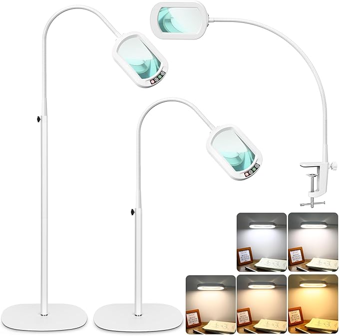 Drdefi 10X Rectangular Real Glass Magnifying Glass with Light and Stand, 24" Flexible Gooseneck Floor Lamp, 5 Color Modes Stepless Dimmable, 3-in-1 LED Lighted Magnifier Light for Reading Crafts White