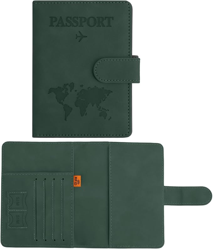 Passport Holder for Travel Essentials, Dark Green Leather Passport Cover, Passport Wallet Holders for Women Men Family Travel Gifts Must Have Accessories, Credit Card Cash Air Ticket Storage Supplies