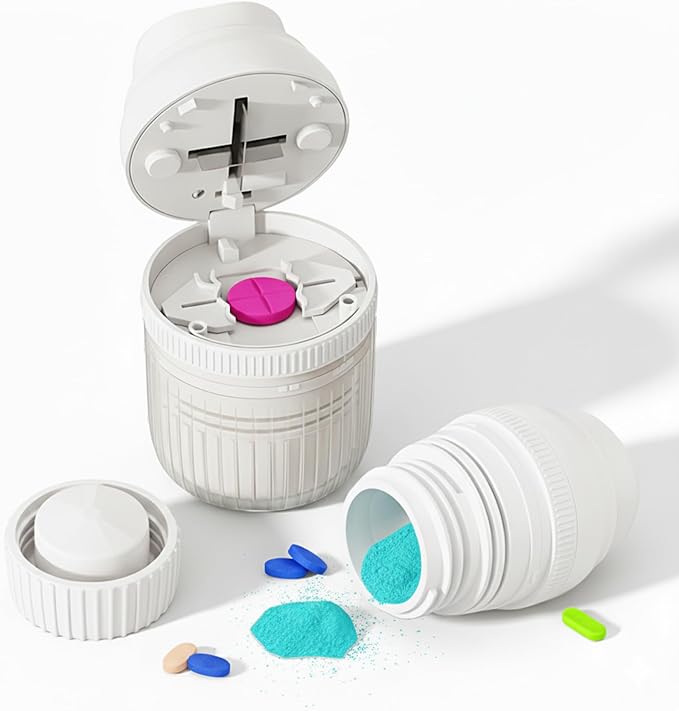 3-in-1 Pill Crusher Fine Powder - 1/4 1/2 Pill Cutter Splitter for Small and Tiny, Grinder for Elderly with Storage and Measuring Cup (White)