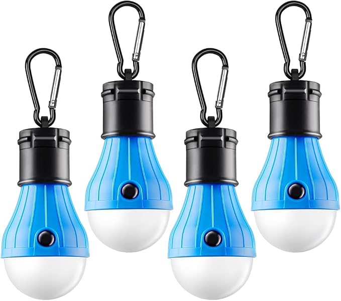 FLY2SKY Tent Lamp Portable LED Tent Lights Blue 4 Packs Hook Hurricane Emergency Lights LED Camping Lights Bulb Camping Tent Lanterns Camping Equipment for Camping Hiking Backpacking Fishing Outage