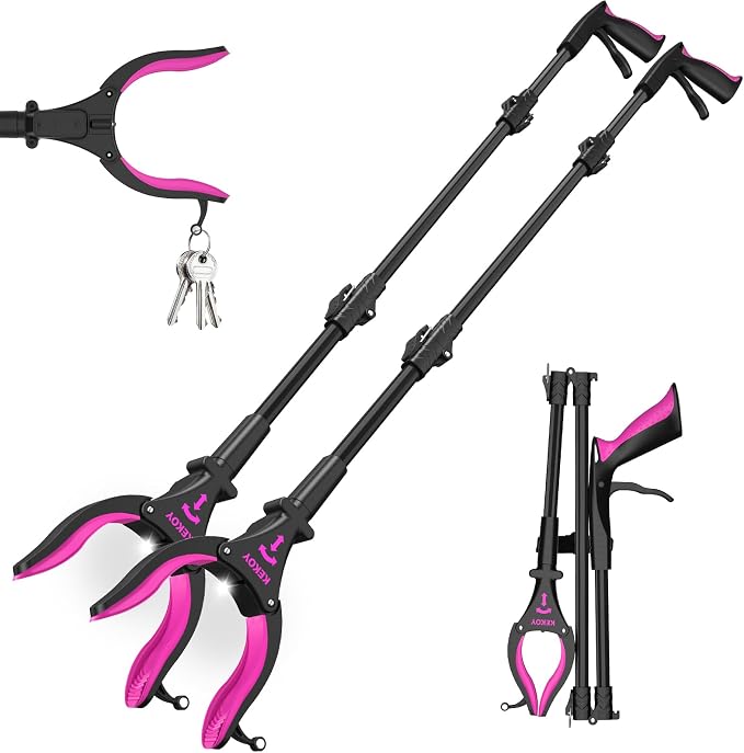 KEKOY 2-Pack Grabber Reacher Tool with Light, 32" Foldable, Black Rose | Magnetic Tip | 90° Rotating Head | Rubber Jaw | Trash Picker for Elderly | Aluminum Alloy | Indoor & Outdoor Use