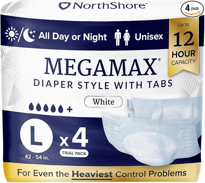 NorthShore MegaMax 12-Hour HBL Adult Diapers for Heavy Bladder Leaks, Large, 4 Count, White, 42-54 inches, Tab-Style Incontinence Underwear for Men, Women & Teens