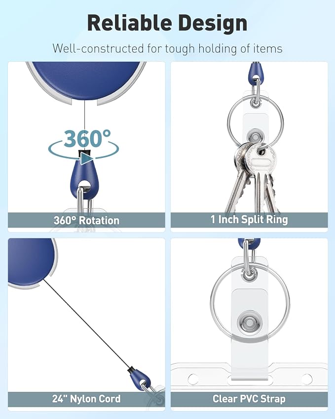 Uniclife 5 Pack Retractable Badge Reel for Badge Holder Blue Heavy Duty Retractable Keychain Strong ABS Casing with Stainless Steel Spring Coil 24 Inch Nylon Rope Carabiner Clip and Key Ring