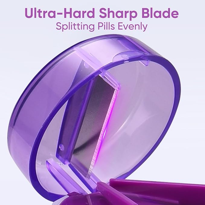 3-in-1 Pill Crusher and Pill Cutter, Pills Crusher Fine Powder with Stainless Steel Grinding Head, Pil Grinder with Storage for Tablets, Cutter Splitter for Small and Tiny Pills (Purple)