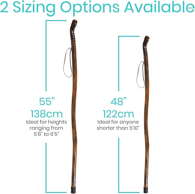 Vive Wooden Walking Stick for Hiking - Handcrafted, Waterproof, with Leather Wrist Strap - Wood Staff for Balance, Women, Men, Seniors - Non-Slip Tip for Safety