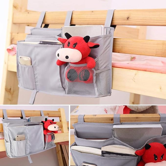 Bunk Bed Organizer - Bedside Storage Caddy with Pocket, Hanging Organizer for Camp, Dorm, Room, Hospital Bed Rail and More (Grey)