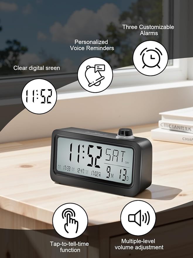 Medication Pill Reminder, Rechargeable Talking Alarm Clock with 3 Custom Voice Recording Alarms, Touch-to-Talk, a Digital Alarm Clocks Gift for Mom/Dad/Seniors/Elderly(Black)