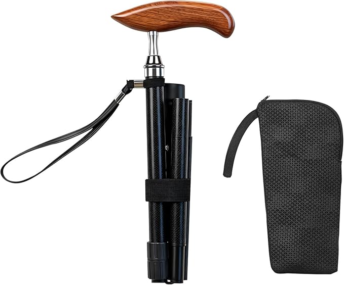 Folding Carbon Fiber Cane with Ergonomic Wooden Handle - Adjustable & Lightweight Easy to Carry Walking Stick for Elderly Men and Women, Travel Cane,Seniors Mobility Aid for Balance and Stability