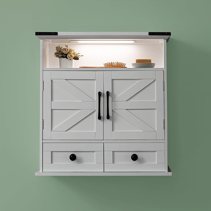 Bathroom Wall Cabinet, 23x25 Inch Farmhouse Medicine Cabinet Over Toilet with Drawer 2 Doors, Motion Lighting & Adjustable Shelves, White Above Toilet Storage for Laundry, Kitchen