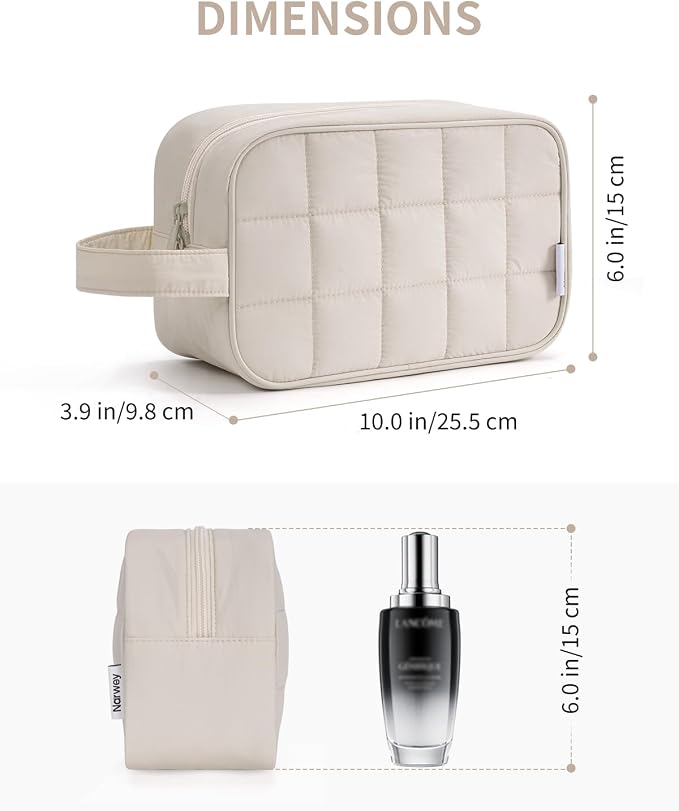 Narwey Quilted Makeup Bag Puffy Make up Bag Cosmetic Bag Organizer, Puffer Travel Toiletry Bag for Traveling Women Girl, Travel Bag for Toiletries, Skincare Medicine Bags (Beige)