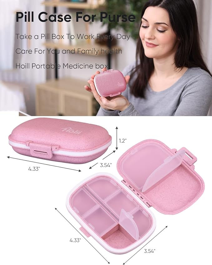 Holii Travel Pill Organizer, 8 Compartments Portable Pill Case, Daily Pill Box to Hold Vitamins, Small Pill Container for Pocket Purse Medicine Organizer（Pink）