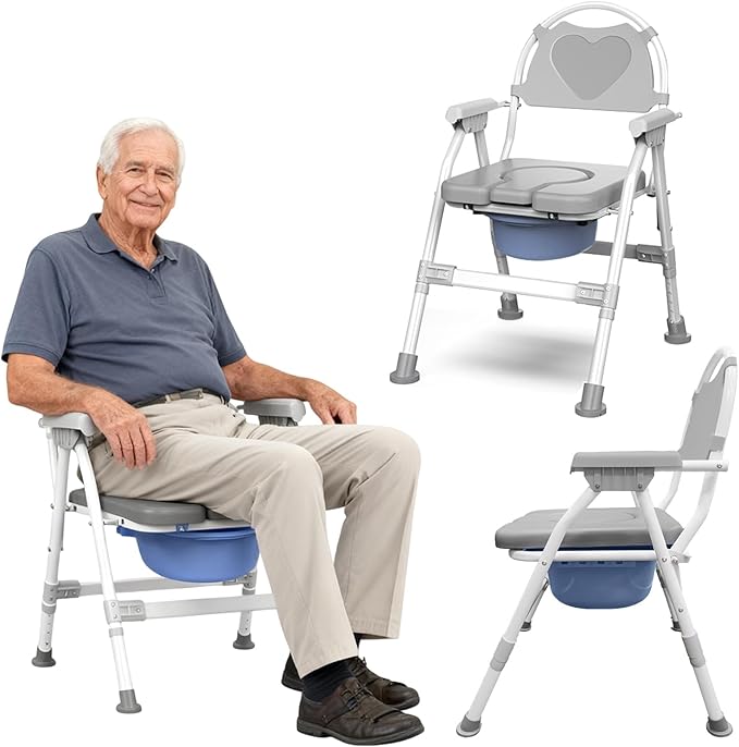 Heavy Duty 4-in-1 Portable Bedside Commode Chair for Elderly & Disabled, Extra-Wide & Adjustable Height, Folding Over-Toilet Chair with Armrests & Back Support, Holds Up to 350 lbs, Easy to Clean