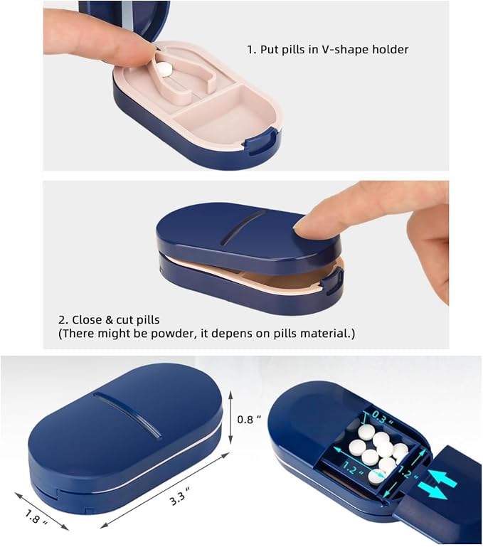 2 in 1 Pill Cutter and Splitter with Stainless Steel Blade for Cutting Small or Large Pills, Travel Mini Medicine Dispenser Box, Supplement Sorter, Fish Oil Planner, Perfect for Traveling
