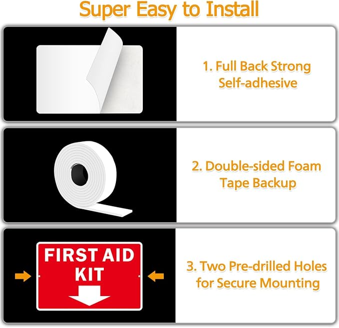 First Aid Sign, (2 Pack) Self Adhesive First Aid Kit Sign for Wall, Aluminum Metal Signs With 2 Pre-drilled Holes (9 x 6 inches, Red/White)