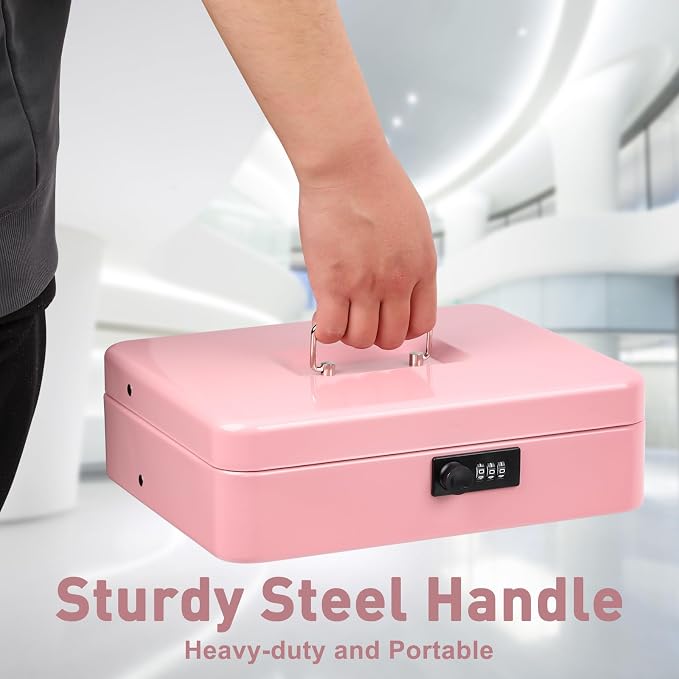 KYODOLED Large Cash Box with Combination Lock, Money Box with Cash Tray, Lock Safe Box with Key, Money Saving Organizer, 11.81Lx 9.45Wx 3.54H Inches, Pink XL Large