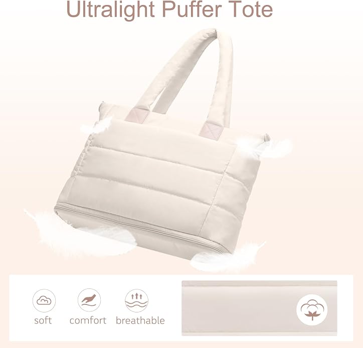 Puffer Tote Bag for Women Quilted Nurse Bag Lightweight Work Bag for Teacher Travel Handbag with Multiple Pockets
