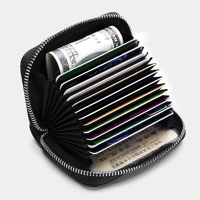 RFID Credit Card Holder Genuine Leather Credit Card Wallet with Zipper | RFID