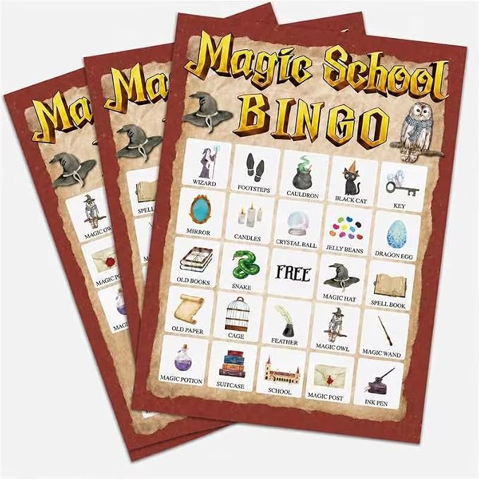 39Pcs Magic School Theme Party Bingo Game for Adults 24 Players Magical Witch Owl Bingo Cards with Reward Stickers for Family Friend Student Large Group Activities Vintage Magical Theme Party Favors