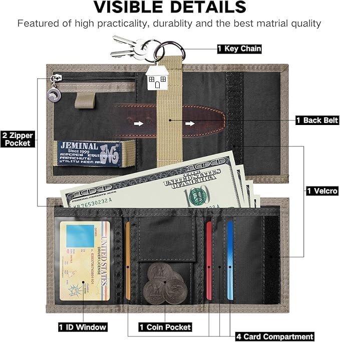 JEMINAL Trifold Canvas Wallet for Men Outdoor Sports Wallet with Keychain, Multiple Card Slots, ID Window, Lightweight Nylon Casual Wallet, Black
