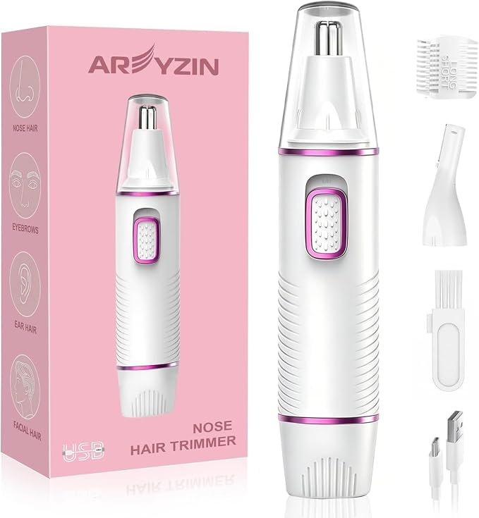 AREYZIN Nose Hair Trimmer for Women, 2 in 1 Professional Painless Electric Facial and Eyebrow Hair Remover, IPX7 Waterproof, USB Rechargeable, Dual-Edge Blades (White)