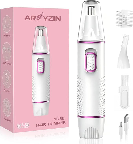 AREYZIN Nose Hair Trimmer for Women, 2 in 1 Professional Painless Electric Facial and Eyebrow Hair Remover, IPX7 Waterproof, USB Rechargeable, Dual-Edge Blades (White)