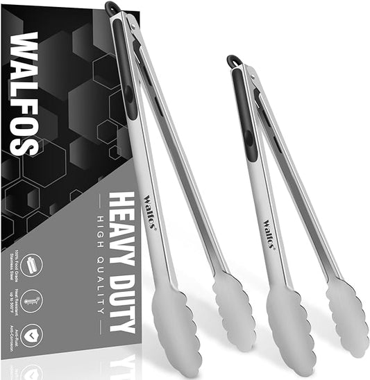 Walfos Extra Long Grill Tongs - Heavy Duty Metal Tongs - 16 & 12 inch Great for Grilling,BBQ/Barbecue,Cooking - Stainless Steel and Non-Slip Heat Resistant Silicone Handle (Set of 2)