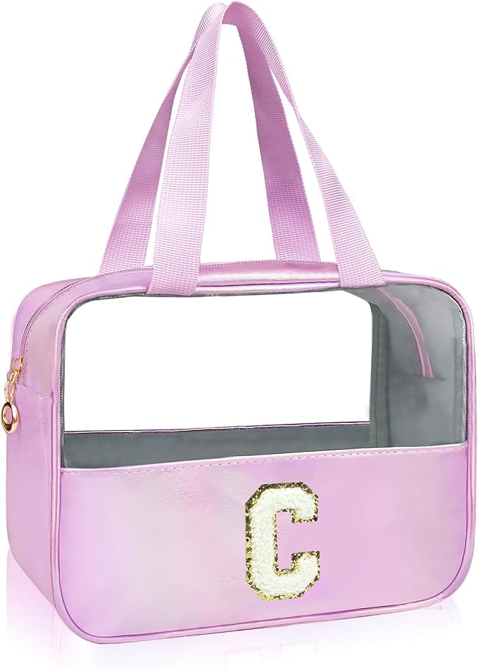 Personalized Initial C Clear Purple Makeup Bag - Large Travel Toiletry Bag, Cute Cosmetic Organizer Set for Girlfriend, Teacher, Teen Girl Gifts