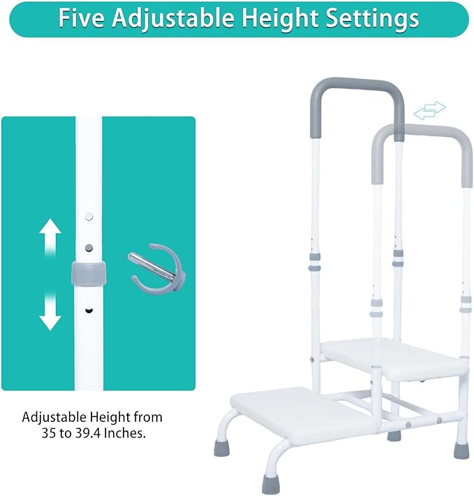 2 Step Stool with Handle for Elderly, Bed Steps for High Beds for Adults, Non Slip Platform and Adjustable Handrail, for Kitchen Bathroom RV Bathtub, Assist Rail for Elderly, Seniors, Hold up to350LBS