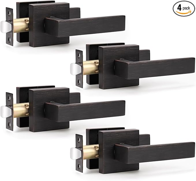 KNOBWELL 4 Pack Passage Door Handle Interior, Oil Rubbed Bronze Door Handles for Closet/Hallway Without Lock, Pull Only Square Door Knob with Levers