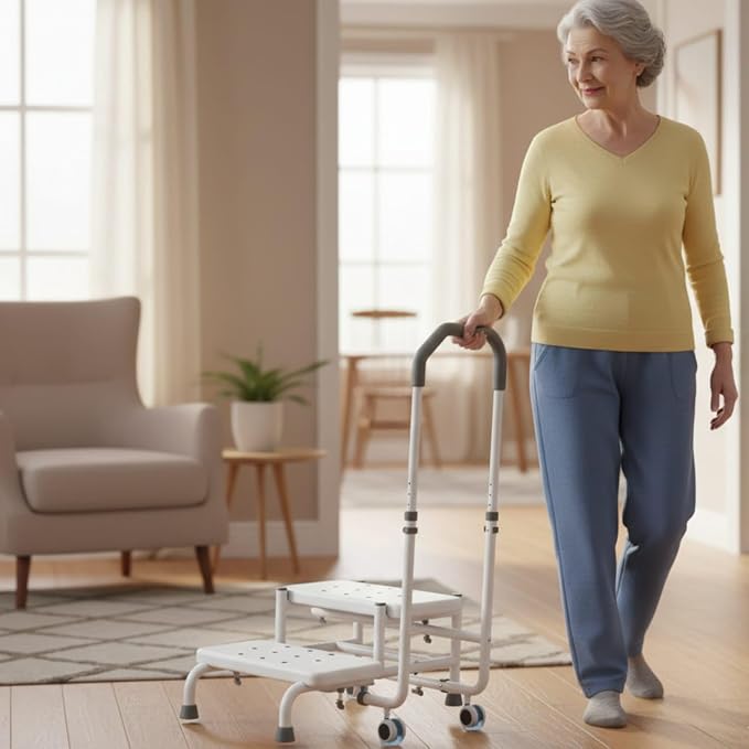 2 Step Stool with Handle & Wheels for Seniors, for Grandpa White | 400 lbs Capacity, Heavy Duty Bed Step for High Beds, Adjustable 5-Level Handrail, Non-Slip Wide Steps, Non-Skid Rubber Feet