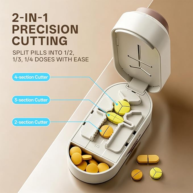 Pill Cutter Splitter for Small and Tiny Large Pills,Adjustable Pill Splitter Push-Button Cuts into 1/2, 1/3, 1/4，Comes with a Small Brush and a Medicine Storage Box (Orange, Press-Cut)