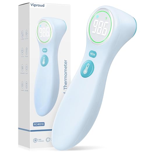Viproud No-Touch Thermometer for Kids and Adults, 1-Second Reading, Blue | Forehead & Object Mode, Fever Indicator, Large Clear LED, Silent Mode, Home Medical, Nurse Accessories, Lifetime Support