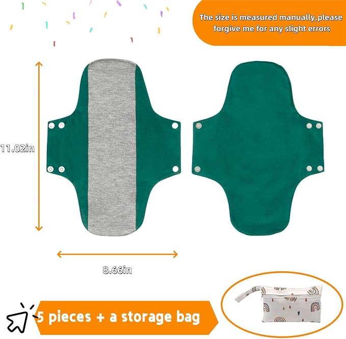 Reusable Washable Cloth Menstrual Pads,Heavy Duty Incontinence Pads,6pcs/Set,5pcs+1 Storage Bag,Suitable for Heavy Menstrual Flow,Incontinence