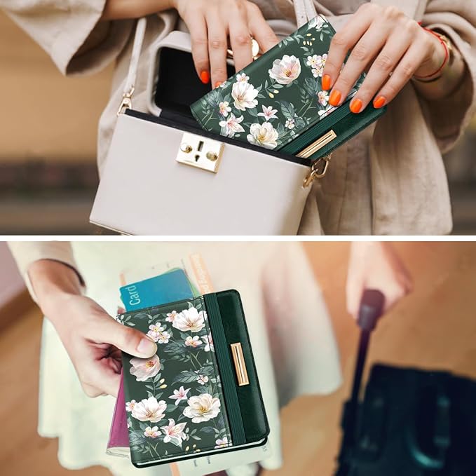 Coco Rossi Passport Holder Cover, RFID Travel Wallet Women Card Holder | Travel Essentials, Passport Book Holders, Passport Cover Case, PU Leather, Cute, Thin, Spliced Design, Green Flower