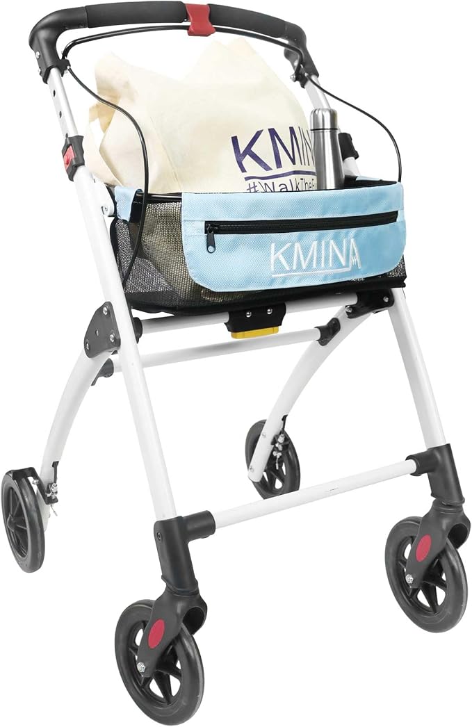 KMINA Narrow Walker for Small Spaces (22" Wide), Foldable Walker | Tray and Basket, 4 Wheels and Brakes, Lightweight Indoor Rollator for Seniors, Black